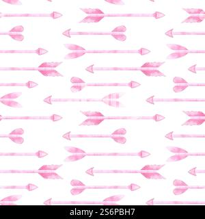 Il motivo a forma di freccia rosa tenue di Cupido. Design per il 14 febbraio, San Valentino. Concetto di amore. Illustrazione ad acquerello disegnata a mano su bianco Foto Stock