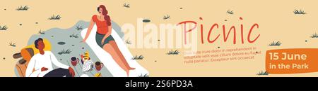 Le persone riunite per un picnic, uomini e donne apprezzano la natura, il cibo e la compagnia. Coppia durante i fine settimana all'aperto, tempo libero e relax. Scheda di invito o poster con data e testo, vettore in stile piatto. Picnic nel parco per gli amici, poster con biglietto d'invito Illustrazione Vettoriale