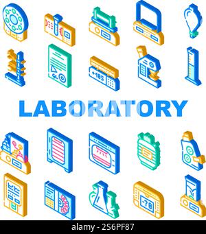 Icone delle apparecchiature di laboratorio per l'analisi Set Vector. Scale digitali e microscopio, centrifuga elettronica e piastra riscaldante, autoclave e strumenti di laboratorio agitatore illustrazioni dei colori dei segni isometrici. Icone delle apparecchiature di laboratorio per l'analisi Set Vector Illustrazione Vettoriale