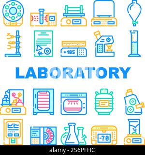 Icone delle apparecchiature di laboratorio per l'analisi Set Vector. Bilance e microscopio digitali, centrifuga elettronica e piastra riscaldante, linea di strumenti da laboratorio per autoclave e agitatori. Illustrazioni a colori. Icone delle apparecchiature di laboratorio per l'analisi Set Vector Illustrazione Vettoriale