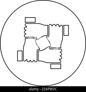 Concetto di quattro mani insieme lavoro di squadra unito braccio teamleading interblocco tra loro sul polso icona di collaborazione in cerchio rotondo nero illustrazione vettoriale immagine contorno linea di contorno sottile stile semplice. Concetto di quattro mani insieme lavoro di squadra unito braccio teamleading che si incastra tra loro sul polso icona di collaborazione congiunta in cerchio rotondo nero illustrazione vettoriale contorno linea contorno sottile Illustrazione Vettoriale