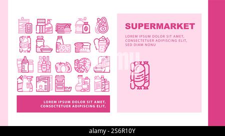 Sezione vendita supermercati modello di banner intestazione pagina Web di destinazione Vector Bakery and Dessert, conserve e conserve di alimenti, carne e frutti di mare, prodotti chimici domestici liquidi e detergenti illustrazione. Reparto vendita supermercato Landing Header Vector Illustrazione Vettoriale