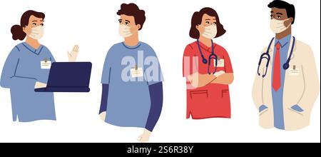 Il personale medico indossa dpi. Maschera e guanti protettivi, caratteri medici e infermieri. Assistenza sanitaria, insieme di vettori di protezione dell'influenza. Uniforme medica e maschera facciale. Il personale medico indossa dpi. Maschera e guanti protettivi, caratteri medici e infermieri. Assistenza sanitaria, insieme di vettori di protezione dell'influenza Illustrazione Vettoriale