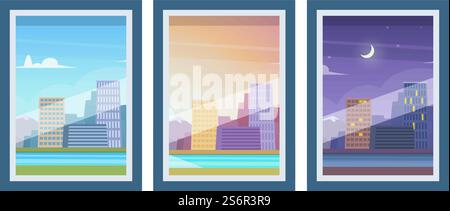Vista dalle finestre. Di giorno, di mattina e di sera, in centro. Illustrazione vettoriale esterna città. Paesaggio del centro cittadino di mattina e di notte, panorama architettonico urbano. Vista dalle finestre. Di giorno, di mattina e di sera, in centro. Illustrazione vettoriale esterna città Illustrazione Vettoriale