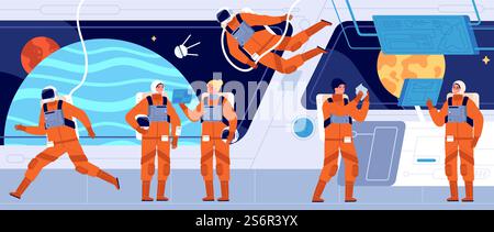 Equipaggio di una nave spaziale. Interno della stazione di bordo, cruscotto della cabina del veicolo spaziale e ingegnere. Astronauta donna interstellare o concetto di vettore totale cosmonauta. Illustrazione astronave interna con equipaggio. Equipaggio di una nave spaziale. Interno della stazione di bordo, cruscotto della cabina del veicolo spaziale e ingegnere. Astronauta donna interstellare o concetto di vettore totale cosmonauta Illustrazione Vettoriale