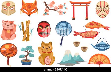 Elementi piatti giapponesi. Simboli di viaggio giappone, elementi di viaggio carini. Tè, montagna e tradizionale sakura. Gatti Neko, punti di riferimento insieme vettoriale esatto. Illustrazione architettura giapponese, cultura di viaggio. Elementi piatti giapponesi. Simboli di viaggio giappone, elementi di viaggio carini. Tè, montagna e tradizionale sakura. Gatti Neko, punti di riferimento insieme vettoriale esatto Illustrazione Vettoriale