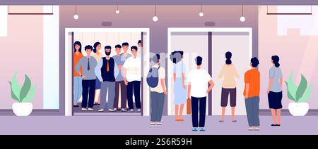 Persone che aspettano l'ascensore. Cavalletti di afflusso, persone porte di sollevamento chiuse anteriori. Personaggi nell'illustrazione vettoriale di uffici, hotel o centri commerciali. Persone che aspettano l'ascensore, la folla di passeggeri. Persone che aspettano l'ascensore. Cavalletti di afflusso, persone porte di sollevamento chiuse anteriori. Personaggi nell'illustrazione vettoriale di uffici, hotel o centri commerciali Illustrazione Vettoriale