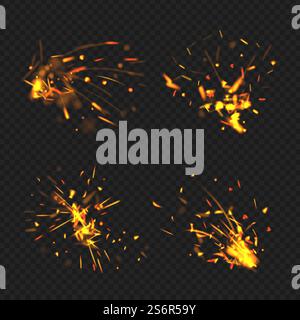 Scintille realistiche. Gli effetti del fuoco fiamma piccole parti che illuminano particelle vettore decente raccolta di scintille brucianti del bengala. Illustrazione del fuoco di scintilla, della luce di scintilla che si illumina. Scintille realistiche. Gli effetti del fuoco fiamma piccole parti che illuminano particelle vettore decente raccolta di scintille brucianti del bengala Illustrazione Vettoriale