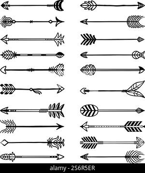 Frecce boho. Archi armi stilizzate in stile etno frecce con piume recenti disegnate con il logo. Illustrazione con frecce bohémien, armi da tiro con l'arco, strumenti da guerra indiani e medievali. Frecce boho. Archi armi stilizzate in stile etno frecce con piume recenti disegnate con il logo Illustrazione Vettoriale