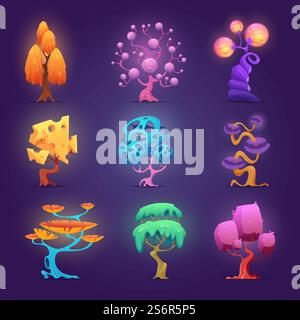 Piante da favola. Effetti magici di alberi incandescenti fantasia giardinaggio collezione di simboli vettoriali esatti e illustrazioni fiabesche. Fata magica, fantasia da favola. Piante da favola. Effetti magici di alberi incandescenti fantasia giardinaggio collezione di simboli vettoriali esatti e illustrazioni fiabesche Illustrazione Vettoriale
