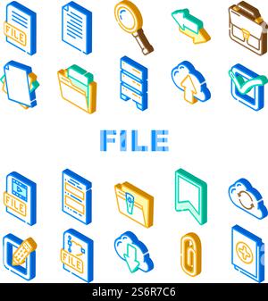 Icone del documento digitale del computer file Imposta vettore. Caricamento e caricamento di file elettronici di grafica e video nel data center di archiviazione cloud, condivisione e trasferimento nelle illustrazioni a colori dei segni isometrici Internet. Icone del documento digitale del computer file Imposta vettore Illustrazione Vettoriale