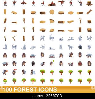 set di 100 icone di foresta. Illustrazione a cartoni animati di 100 icone di foresta insieme di vettori isolati su sfondo bianco. set di 100 icone della foresta, stile cartoni animati Illustrazione Vettoriale