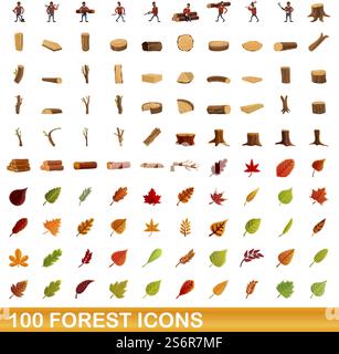 set di 100 icone di foresta. Illustrazione a cartoni animati di 100 icone di foresta insieme di vettori isolati su sfondo bianco. set di 100 icone della foresta, stile cartoni animati Illustrazione Vettoriale