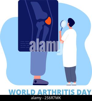 Giornata mondiale dell'artrite. Medicina, difesa, salute e assistenza. Osteoartrite, medico esaminare gamba ginocchio osso su sfondo vettoriale totale radiografico. Illustrazione artrite ortopedica, diagnostica dello scheletro. Giornata mondiale dell'artrite. Concetto di medicina, difesa congiunta, salute e assistenza. Osteoartrite, medico esaminare gamba ginocchio osso su sfondo vettoriale totale radiografico Illustrazione Vettoriale