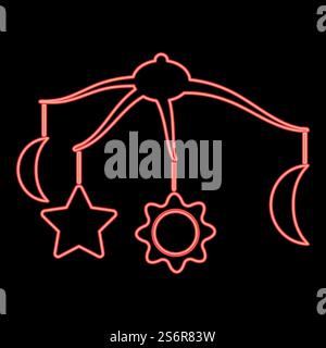 Neon, girevole a 360 gradi, che emette un battito, immagine vettoriale di colore rosso bambino, luce piatta. Battiti sospesi girevoli al neon a 360 gradi, immagine vettoriale di colore rosso bambino, immagine piatta Illustrazione Vettoriale