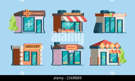 Negozi urbani. Negozi al dettaglio sulla facciata esterna della città, farmacia, ristorante locale caffe, immagini vettoriali sguarnite. Illustrazione del negozio cittadino e della vendita al dettaglio, facciata della farmacia. Negozi urbani. Negozi al dettaglio sulla facciata esterna della città, farmacia, ristorante locale caffe, immagini vettoriali sguarnite Illustrazione Vettoriale