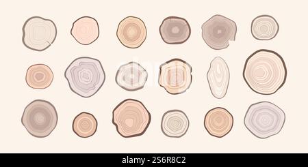 Collezione di anelli in legno. Anelli stilizzati ad albero superfici in tessuto naturale su legnami rotondi illustrazioni astratte e piatte vettoriali. Tronco di legno, tronco di tronco struttura concentrico. Collezione di anelli in legno. Anelli stilizzati ad albero superfici in tessuto naturale su legnami rotondi illustrazioni astratte e piatte vettoriali Illustrazione Vettoriale