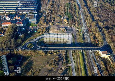 Luftbild, neuer Kreisverkehr Baustelle für geplantes Duisburger Wohnquartier am ehemaligen Rangierbahnhof Wedau, an der Sechs-seen-Platte, Wedau, DUI Foto Stock