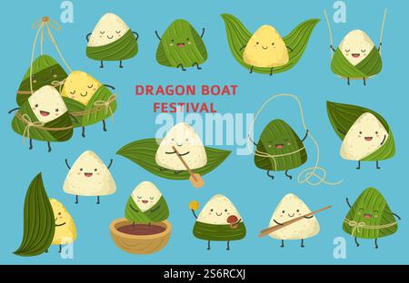 Personaggi di ravioli di riso. Dragon Boat Festival, cucina asiatica. Cartone animato cinese zongzi e foglie, adesivi per bambini festivi set vettoriale esatto. Illustrazione riso asiatico orientale, personaggio comico tradizionale. Personaggi di ravioli di riso. Dragon Boat Festival, cibo asiatico di gnocchi. Cartone animato cinese zongzi e foglie, adesivi per bambini festivi set vettoriale esatto Illustrazione Vettoriale