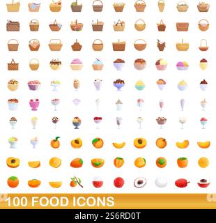 set di 100 icone del cibo. Illustrazione a cartoni animati di 100 icone di cibo insieme di vettori isolati su sfondo bianco. set di 100 icone del cibo, stile cartone animato Illustrazione Vettoriale