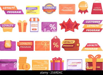 Le icone del programma di fidelizzazione dei clienti impostano il vettore dei cartoni animati. Membro del programma Rewards. Sistema indietro. Le icone del programma di fidelizzazione dei clienti impostano il vettore dei cartoni animati. Membro del programma Rewards Illustrazione Vettoriale