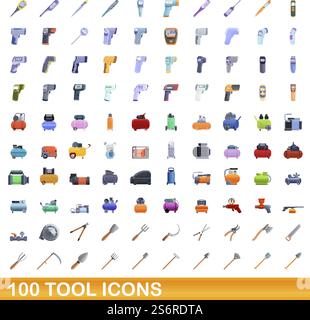 100 set di icone degli strumenti. Illustrazione a cartoni animati di 100 icone degli strumenti insieme di vettori isolato su sfondo bianco. set di 100 icone degli strumenti, stile cartone animato Illustrazione Vettoriale