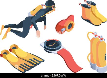 Immersione isometrica. I simboli degli sport acquatici, le pinne subacquee, i cilindri subacquei e i costumi professionali, guardano i subacquei vettoriali. Illustrazione: Attrezzatura isometrica per immersioni, ossigeno per nuotare sott'acqua. Immersione isometrica. I simboli degli sport acquatici, le pinne subacquee, i cilindri d'aria subacquei e i costumi professionali, guardano i subacquei vettoriali Illustrazione Vettoriale