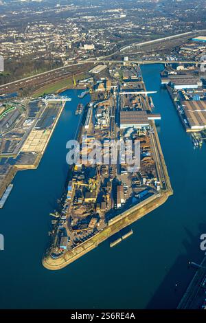 Luftbild, Hafen Duisburg duisport, Hafengebiet mit Rohstoff Schrottinsel, Ruhrort, Duisburg, Ruhrgebiet, Nordrhein-Westfalen, Germania Foto Stock
