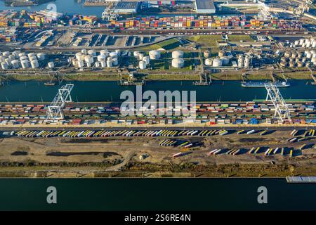 Luftbild, Hafen Duisburg duisport, Hafengebiet mit Ölinsel, Ruhrort, Duisburg, Ruhrgebiet, Nordrhein-Westfalen, Deutschland Foto Stock