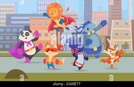 Animali da supereroi della città. Paesaggio urbano con edifici a cielo aperto forti difensori animali vettoriali esatti supereroi gatti cani cuccioli in maschere. Illustrazione supereroe animale, costume da supereroe. Animali da supereroi della città. Paesaggio urbano con edifici a cielo aperto forti difensori animali vettoriali esatti supereroi gatti cani cuccioli in maschere Illustrazione Vettoriale