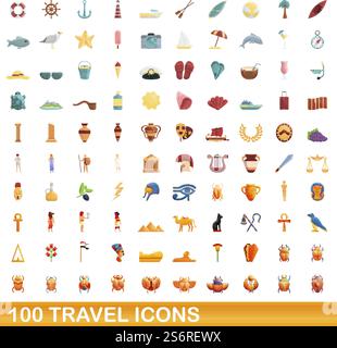 set di 100 icone di viaggio. Illustrazione a cartoni animati di 100 icone di viaggio con set di vettori isolato su sfondo bianco. set di 100 icone di viaggio, stile cartoni animati Illustrazione Vettoriale