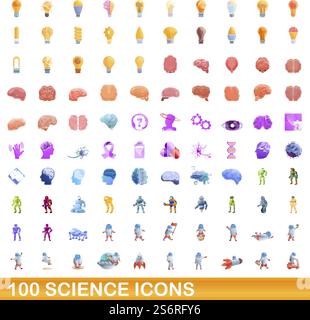 set di 100 icone scientifiche. Illustrazione a cartoni animati di 100 icone scientifiche insieme di vettori isolati su sfondo bianco. set di 100 icone scientifiche, stile cartoon Illustrazione Vettoriale