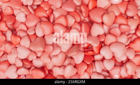 Sfondo rosso chiaro per San Valentino. Un mucchio di cuori. Sfondo romantico. illustrazione di rendering 3d. Foto Stock