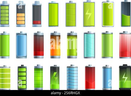Le icone di carica della batteria impostano il vettore dei cartoni animati. Carica elettrica. Energia del caricabatteria. Le icone di carica della batteria impostano il vettore dei cartoni animati. Carica elettrica Illustrazione Vettoriale