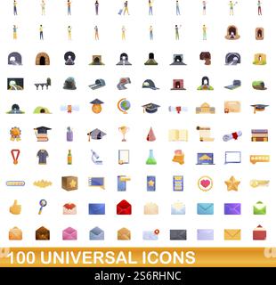 set di 100 icone universali. Illustrazione a cartoni animati di 100 icone vettoriali universali isolate su sfondo bianco. set di 100 icone universali, stile cartone animato Illustrazione Vettoriale
