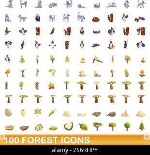 set di 100 icone di foresta. Illustrazione a cartoni animati di 100 icone di foresta insieme di vettori isolati su sfondo bianco. set di 100 icone della foresta, stile cartoni animati Illustrazione Vettoriale