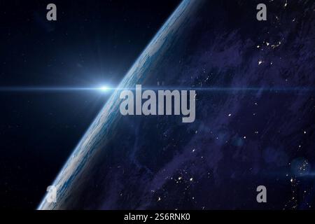 Pianeta Terra di notte in spazio aperto sul cielo stellato. Alba sul pianeta Terra, vista dallo spazio. Giornata della Terra. Elementi di questa immagine forniti dalla NASA Foto Stock