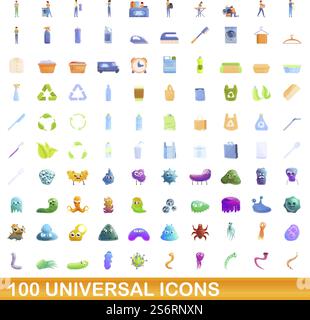 set di 100 icone universali. Illustrazione a cartoni animati di 100 icone vettoriali universali isolate su sfondo bianco. set di 100 icone universali, stile cartone animato Illustrazione Vettoriale