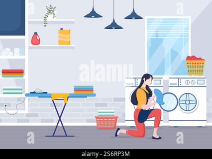 Lavanderia con lavatrici ed asciugatrici in Flat background Illustration. Panno sporco che giace nel cestino e le donne sono vestiti di lavaggio per Banner o Poster Illustrazione Vettoriale
