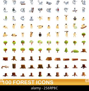 set di 100 icone di foresta. Illustrazione a cartoni animati di 100 icone di foresta insieme di vettori isolati su sfondo bianco. set di 100 icone della foresta, stile cartoni animati Illustrazione Vettoriale