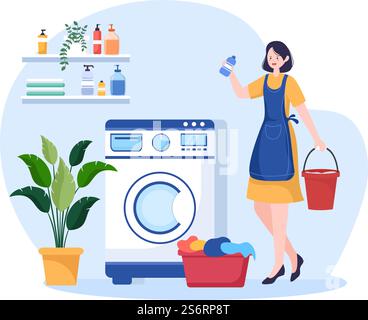 Lavanderia con lavatrici ed asciugatrici in Flat background Illustration. Panno sporco che giace nel cestino e le donne sono vestiti di lavaggio per Banner o Poster Illustrazione Vettoriale