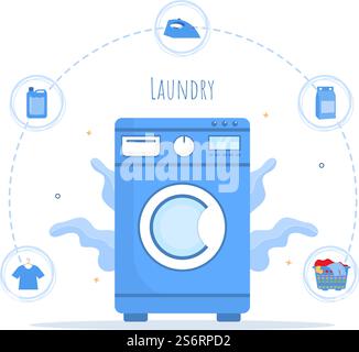 Lavanderia con lavatrici ed asciugatrici in Flat background Illustration. Panno sporco che giace nel cestino e le donne sono vestiti di lavaggio per Banner o Poster Illustrazione Vettoriale