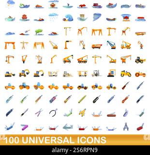 set di 100 icone universali. Illustrazione a cartoni animati di 100 icone vettoriali universali isolate su sfondo bianco. set di 100 icone universali, stile cartone animato Illustrazione Vettoriale