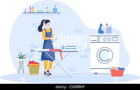 Lavanderia con lavatrici ed asciugatrici in Flat background Illustration. Panno sporco che giace nel cestino e le donne sono vestiti di lavaggio per Banner o Poster Illustrazione Vettoriale