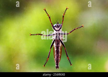Robberfly (Asilidae), si trova su un vetro, vista dal basso, Germania, Renania settentrionale-Vestfalia Foto Stock