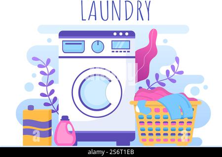 Lavanderia con lavatrici ed asciugatrici in Flat background Illustration. Panno sporco che giace nel cestino e le donne sono vestiti di lavaggio per Banner o Poster Illustrazione Vettoriale