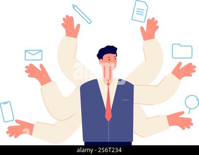 Concetto di multitasking. Occupazione autonoma, produttività multitasking. Programmatore o manager, imprenditore. Ambiente vettoriale totale per il lavoro. Illustrazione del lavoro di gestione multitasking. Concetto di multitasking. Occupazione autonoma, produttività multitasking. Programmatore o manager, imprenditore. Ambiente vettoriale totale per il lavoro Illustrazione Vettoriale
