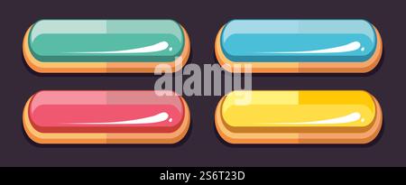 Pulsanti dell'interfaccia utente dei giochi per computer. Pulsante stile cartone animato o striscioni lucidi. Elementi di gioco, Web o set vettoriale per la progettazione di giochi. Illustrazione interfaccia gui, barra delle applicazioni della scheda utente. Pulsanti dell'interfaccia utente dei giochi per computer. Pulsante stile cartone animato o striscioni lucidi. Elementi di gioco, Web o set vettoriale per la progettazione di giochi Illustrazione Vettoriale