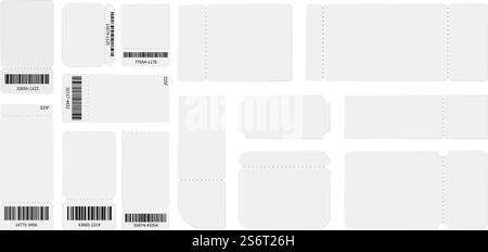 Modello ticket bianco. Realistico mockup di biglietti, buoni di viaggio per lo spettacolo teatrale isolato o set di buoni regalo vettoriali. Mockup bianco ticket vuoto, modello coupon illustrazione vuota. Modello ticket bianco. Realistico mockup di biglietti, buoni di viaggio per lo spettacolo teatrale isolato o set di buoni regalo vettoriali Illustrazione Vettoriale