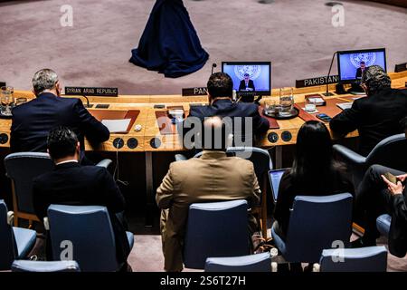 New York, New York, Stati Uniti. 17 gennaio 2025. Una sezione della camera del Consiglio di sicurezza con osservatori che proiettano il maggiore generale PATRICK GAUCHAT, capo missione e capo di stato maggiore dell'Organizzazione per la supervisione della tregua delle Nazioni Unite (UNTSO) che intervengono in una riunione del Consiglio di sicurezza sul mantenimento della pace e della sicurezza internazionali con particolare attenzione alla Lega degli Stati arabi. Più specificamente i risultati dei colloqui di cessate il fuoco, il futuro e la Siria e il Libano. (Credit Image: © Bianca Otero/ZUMA Press Wire) SOLO PER USO EDITORIALE! Non per USO commerciale! Foto Stock